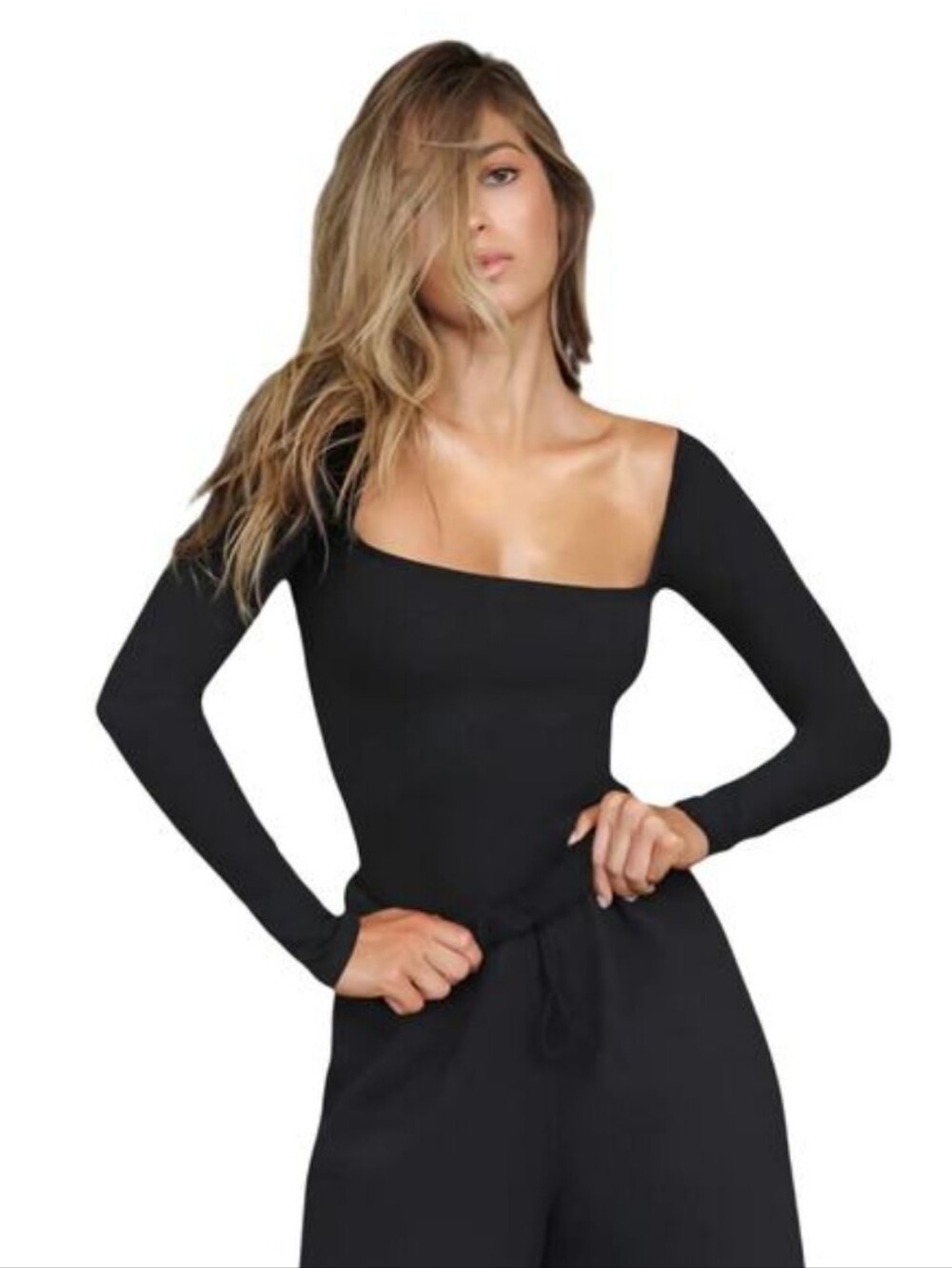 Joah Brown Black Ribbed Long Sleeve Square Neck Top XS/S Fitted